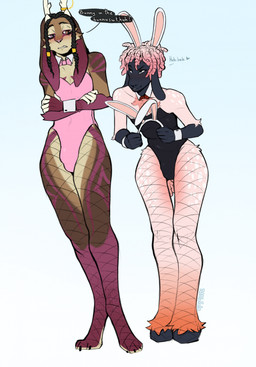 annoyed anthro antlers biped black_latex blue_background blush bodysuit brown_body bulge bunny_costume clothed clothing costume crossdressing crossdressing_male crossed_arms detailed_bulge dreadlocks duo fake_ears fake_rabbit_ears femboy fishnet_clothing fishnet_leggings fishnet_legwear fishnet_stockings front_view gradient_background heterochromia hooves horn latex latex_bodysuit latex_clothing latex_skinsuit leggings legwear lidded_eyes male male/male male_anthro multicolored_body orange_eyes pink_body pink_latex purple_eyes simple_background skinsuit slim_anthro slim_male smug smug_face standing tight_clothing white_background freakdan1el bovid caprine lagomorph leporid mammal rabbit sheep hi_res