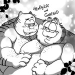 1:1 2024 anthro belly big_belly blush domestic_cat duo fatyogi felid feline felis garfield_(series) garfield_the_cat heathcliff heathcliff_and_the_catillac_cats hug male male/male mammal monochrome moobs nipples one_eye_closed overweight overweight_male