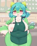 4_fingers accessory anthro apron apron_only belly big_breasts blue_hair bodily_fluids bow_(feature) bow_accessory bow_ribbon breasts clothing container cup curvy_figure dual_holding female female_anthro fingers green_apron green_body green_clothing hair hair_accessory hair_bow hair_ribbon holding_container holding_cup holding_object holding_pen inverted_nipples kemono lactating looking_at_viewer mostly_nude multicolored_body neck_tuft nipples overweight overweight_anthro overweight_female pen pink_eyes ribbons short_hair short_stack solo tail thick_thighs tuft two_tone_body voluptuous white_body writing_utensil eigetsu i_mean_breast_milk mythology starbucks kanako dragon mythological_creature mythological_scalie scalie 2021 digital_media_(artwork) meme translated_description