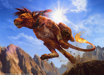 action_pose ambiguous_gender claws cloud day feral fur gold_(metal) gold_jewelry hair jewelry jumping low-angle_view outside pawpads pose red_body red_fur red_hair solo sun tail tattoo akreon final_fantasy final_fantasy_vii hasbro magic:_the_gathering square_enix wizards_of_the_coast red_xiii felid mammal official_art