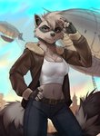 5_fingers aircraft airship anthro athletic athletic_anthro athletic_female belt black_nose bomber_jacket bottomwear breasts cheek_tuft cleavage clothed clothing cloud crop_top day detailed_background facial_tuft female fingerless_gloves fingers fluffy fluffy_tail fully_clothed fur gesture gloves grey_body grey_fur hand_on_hip handwear head_tuft inner_ear_fluff jacket midriff navel outside pants pawpads pink_pawpads salute shirt sky slim smile solo tail tank_top tomboy topwear tuft vehicle whiskers koul robin_raccoon mammal procyonid raccoon digital_media_(artwork) signature