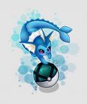 :3 blue_eyes blush bubble chibi female feral fin net_ball pokeball simple_background solo tail water white_background tesvp nintendo pokemon eeveelution generation_1_pokemon pokemon_(species) vaporeon