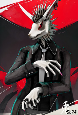 anthro black_clothing black_jacket black_shirt black_topwear clothing colored_nails digit_ring ear_piercing ear_ring finger_ring fur jacket jewelry long_nails long_sleeves looking_at_viewer male mohawk nails necktie piercing pupils red_eyes red_nails ring_piercing shirt slit_pupils solo spiky_fur text topwear white_body white_fur white_necktie deino_(artist) deino_(modeler) bani-sama_(deino) lagomorph leporid mammal rabbit 2024 3d_(artwork) autodesk_3ds_max_(artwork) dated digital_media_(artwork) hi_res japanese_text red_theme warm_colors
