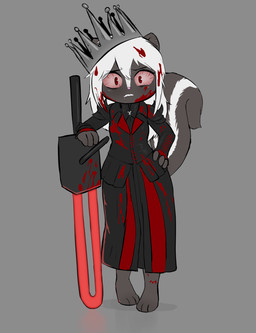 3_fingers 3_toes anthro barefoot black_body black_fur blood blood_on_face blood_on_foot blood_on_hair blood_on_legs bloodshot_eyes bodily_fluids chainsaw chainsaw_sword clothing costume crown ear_piercing ear_stud fancy_clothing feet female fingers fluffy fluffy_tail fur hair hand_on_hip headgear jewelry multicolored_tail necklace piercing plasma_sword power_tool red_eyes royalty saliva saliva_on_face science_fiction shoulder_pads silver_crown solo spiked_shoulder_pads spikes tail toes tools white_hair e254e skunkette mammal mephitid skunk hi_res