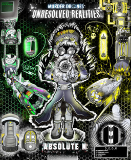 black_aura cannon clothing green_energy hair hat hazard_stripes headgear headwear machine male ranged_weapon solo text weapon white_body white_eyes mrr4ndm glitch_productions murder_drones n_(murder_drones) android disassembly_drone humanoid robot robot_humanoid absurd_res hi_res