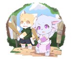 4_ears anthro bottomwear chibi clothing duo female head_tuft heart_symbol long_tail male melee_weapon midriff multi_ear navel orange_eyes purple_eyes short_tail shorts slightly_chubby slim sword sword_training tail tuft weapon wings toruu sirocco_zephyrine canid canine exadian_hybrid fox humanoid mammal seraphie biscuit_(disambiguation) 5:4 absurd_res hi_res