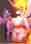 2020 anthro anthrofied big_breasts big_butt black_sclera blush bottomless breasts butt chrysalisdraws clothed clothing daybreaker_(mlp) digital_media_(artwork) duo equid equine eye_contact feathered_wings feathers female fire flaming_hair flaming_tail friendship_is_magic genitals hair hasbro hi_res holding_object horn huge_breasts larger_anthro larger_female licking licking_lips licking_own_lips looking_at_another mammal multicolored_hair multicolored_tail my_little_pony mythological_creature mythological_equine mythology navel panties pseudo_hair purple_eyes pussy self_lick shirt shirt_only simple_background size_difference smaller_anthro smaller_female tail text thick_thighs tongue tongue_out topwear topwear_only twilight_sparkle_(mlp) underwear url winged_unicorn wings