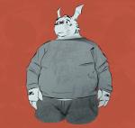 bottomwear claws clothed clothing fin head_fin looking_aside male overweight overweight_male pants red_background simple_background solo standing sweater topwear fattydragonite bandai_namco digimon digimon_(species) guilmon 2019 hi_res portrait sketch three-quarter_portrait