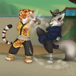 anthro big_tail breasts brown_eyes duo female fight fur grey_body grey_fur martial_arts orange_body orange_eyes orange_fur small_breasts smug tail thick_thighs jm-luxro dreamworks kung_fu_panda master_tigress zhen_(kung_fu_panda) canid canine felid fox mammal pantherine tiger 1:1 absurd_res hi_res