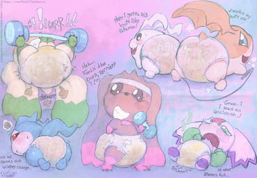 anthro big_butt bodily_fluids boxing_gloves breath butt butt_focus clothing diaper dominant dominant_female exercise exhausted fart feces female feral group handwear male panting pooping smelly soiled_diaper soiling soiling_diaper straining submissive submissive_male sweat text unclean_diaper used_diaper using_diaper weightlifting workout young overflo207 bandai_namco digimon calumon demiveemon digimon_(species) lopmon patamon terriermon tokomon hi_res