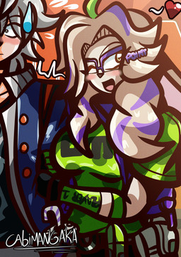 accessory ahoge anthro big_breasts black_clothing black_shirt black_topwear blue_clothing blue_jacket blue_topwear blush bodily_fluids breasts clothing container cuddling cuff_(restraint) cup curly_hair disposable_cup duo eyewear female fingerless_gloves fur glasses gloves green_clothing green_eyes green_shirt green_topwear grey_hair hair hair_accessory hairclip handwear head_on_shoulder heart_symbol holding_arm hug human_on_anthro interspecies jacket male male/female nervous nervous_sweat one_eye_closed pale_skin purple_clothing purple_jacket purple_topwear restraints shirt smile squirming sweat sweatdrop sweatdrop_(iconography) topwear white_body white_fur wink wrist_cuffs cabimangaka mihoyo zenless_zone_zero asha_(zenless_zone_zero) wise_(zenless_zone_zero) human lagomorph leporid mammal rabbit thiren absurd_res hi_res shaded signature