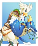 anthro beak blue_body blue_feathers braided_hair dancing dipping duo eyes_closed feathers hair hair_tassels happy male male/male smile white_body white_feathers tyan_iruka breath_of_the_wild nintendo the_legend_of_zelda revali teba_(tloz) avian rito hi_res