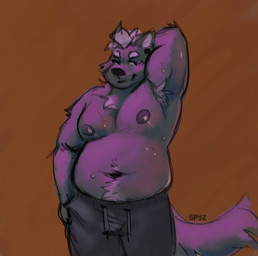 anthro armpit_fetish armpit_hair bodily_fluids body_hair bottomwear chest_tuft clothing eyebrows fur hand_behind_head happy_trail love_handles male musclegut muscular musk navel nipples overweight overweight_male pants pecs piercing purple_body purple_fur simple_background smile smirk smug solo sweat sweatpants tail tuft spyz_(artist) kodi_(spyz) canid canine mammal 2026 sketch watermark