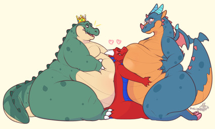 anthro belly belly_grab belly_press belly_squish belly_worship between_bellies body_worship crown eyewear glasses group headgear heart_symbol kneeling looking_pleasured male overweight overweight_male sandwiched scales sitting size_difference smaller_male squish tail trio wings razigator mythology alligator alligatorid crocodilian dragon mythological_creature mythological_scalie reptile scalie hi_res