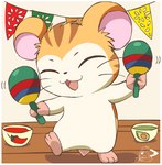 border brown_body brown_fur dancing eyes_closed feral fur furniture guacamole male maraca musical_instrument on_table percussion_instrument smile solo striped_body striped_fur stripes table tan_body tan_fur whiskers white_border pichu90 hamtaro_(series) stan_(hamtaro) cricetid hamster mammal rodent signature