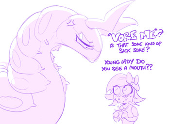 accessory ambiguous_gender annoyed blush bodily_fluids bow_ribbon breasts clothed clothing cross-popping_vein dialogue eyelashes female female_human feral fingers hair_accessory hair_bow hair_ribbon indignant looking_up mouthless pupils ribbons shirt side_view simple_background size_difference sweat text topwear vore_request shoutingisfun nintendo pokemon arthropod generation_5_pokemon human mammal pokemon_(species) scolipede english_text