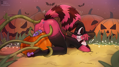 all_fours animal_genitalia animal_penis anthro anus ass_up balls butt canine_genitalia canine_penis cheek_tuft clothing costume crop_top facial_tuft femboy fluffy fluffy_tail food for_a_head fruit genitals halloween_costume hat headgear headwear holidays jack-o'-lantern knot knotted_penis legwear magic_user male neck_tuft nude pawpads paws penis plant pumpkin pumpkin_head rear_view shirt solo stockings tail tentacles topwear tuft wet witch witch_costume witch_hat shtein halloween ailurid mammal object_head red_panda hi_res