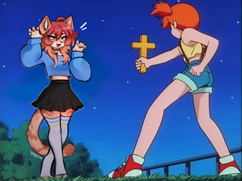 anthro bottomwear clothed clothing duo eyebrows female fingers footwear gym_leader hair holding_object open_mouth outside shoes skirt text yappcat nintendo pokemon misty_(pokemon) yumi_(catniplewds) domestic_cat felid feline felis human mammal 2025 artist_name digital_media_(artwork) hi_res