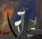 anthro big_breasts black_eyes blue_hair breasts female fire hair katana melee_weapon solo sus_bean sword weapon white_body nyo_la_nixan among_us innersloth nyo_la_nixan_(character) draako hi_res