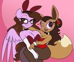 anthro big_breasts black_bow_tie bow_tie breast_size_difference breast_squish breasts brown_body brown_fur brown_hair brown_tail bunny_costume choker cleavage clothed clothing costume cuff_links dipstick_tail duo eyewear fake_ears fake_rabbit_ears feathered_wings feathers female female/female female_anthro female_humanoid flower fully_clothed fur glasses hair heart_symbol holding_leg huge_breasts humanoid_on_anthro jewelry long_hair markings necklace one_eye_closed plant playboy_bunny playboy_outfit pokemorph purple_body purple_eyewear purple_feathers purple_glasses purple_wings rectangular_glasses rose_(flower) round_glasses simple_background smile squish tail tail_markings thick_thighs wearing_glasses wings wink conditional_dnp dativyrose hasbro my_little_pony nintendo pokemon ivee_rose ivy_rose eevee equid generation_1_pokemon humanoid mammal pokemon_(species) 2022 digital_drawing_(artwork) digital_media_(artwork) flat_colors portrait three-quarter_portrait