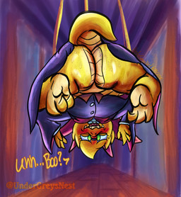 anthro awkward_smile big_butt blush bodily_fluids butt butt_focus dialogue feet female first_person_view flustered foot_focus hallway hanging_upside_down looking_at_viewer nerd overweight overweight_female solo sweat sweaty_butt tail text upside_down vampire_costume yellow_body undergreysnest deltarune undertale undertale_(series) alphys lizard reptile scalie colored dated english_text shaded signature watermark