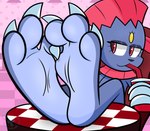 3_toes ambiguous_gender anthro claws container cup diner drinking drinking_straw feet finger_claws foot_focus foot_on_table furniture looking_at_viewer restaurant soles solo table toe_claws toes mintytempest nintendo pokemon generation_4_pokemon pokemon_(species) weavile hi_res