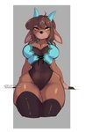 2020 animal_crossing anthro black_nose bovid breasts brown_hair caprine cleavage clothed clothing conditional_dnp digital_media_(artwork) female goat hair horn legwear leotard low-angle_view mammal nintendo pashmina_(animal_crossing) signature small_waist solo squish teranen thick_thighs thigh_highs thigh_squish wide_hips yellow_eyes