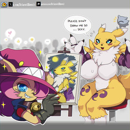 anthro bell bell_collar big_breasts black_sclera blue_eyes blush bodily_fluids breasts brush canvas chest_tuft clothed clothing collar colored_nails crowd dialogue duo easel emoji featureless_breasts female fingernails fur furniture gesture gloves grin group hair hair_over_eye handwear hat headgear headwear holding_brush holding_object holding_paintbrush huge_breasts looking_aside looking_aside_at_viewer looking_at_viewer nails naturally_censored nude paint paintbrush painting_(action) pink_hair portrait_(object) public shirt sitting smile sparkles speech_bubble star_pupils stool sweat teeth text topwear tuft vest waving waving_hand wide_hips witch_hat yellow_body yellow_fur dclaret dclaretxrevolt bandai_namco digimon appmon_(species) canid canine digimon_(species) effecmon kuramon mammal renamon 1:1 english_text hi_res url