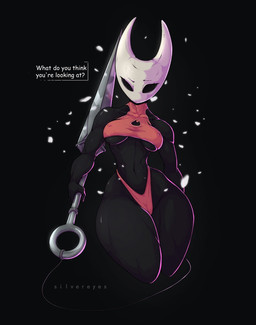 2_horns belly black_background black_eyes breasts clothed clothing dialogue female fingers holding_melee_weapon holding_object holding_sword holding_weapon horn melee_weapon muscular muscular_female nail_(weapon) question_mark red_clothing simple_background solo sword talking_to_viewer text thick_thighs under_boob weapon white_text wide_hips silvereyes hollow_knight_(franchise) team_cherry hornet_(hollow_knight) arthropod artist_name hi_res