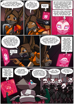 anthro armor blue_eyes dialogue female fur gesture group hand_gesture laser_pistol male middle_finger red_eyes text white_body white_fur kitfox-crimson in_our_shadow clover_(kitfox-crimson) parsley_(kitfox-crimson) rosemary_(kitfox-crimson) russet_(kitfox-crimson) talc_(kitfox-crimson) thyme_(kitfox-crimson) tourmaline_(kitfox-crimson) american_opossum mammal marsupial murid murine rat rodent sciurid tree_squirrel absurd_res comic english_text hi_res