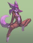 anthro arched_back blue_eyes clothing ear_tuft female fluffy fluffy_tail fur hair multicolored_body multicolored_fur onesie purple_body simple_background sitting solo spread_legs spreading tail tuft two_tone_body two_tone_fur conditional_dnp vonepitaph tsuki_(vonepitaph) canid canine fox mammal 2023 absurd_res digital_media_(artwork) hi_res shaded