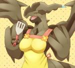 3_fingers apron blush breasts clothing eyes_closed female fingers happy kitchen_spatula kitchen_utensils non-mammal_breasts open_mouth pokemorph solo spatula tools wings on_ice_(artist) mythology nintendo pokemon dragon generation_5_pokemon legendary_pokemon mythological_creature mythological_scalie pokemon_(species) scalie zekrom digital_media_(artwork)