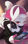 anthro blush breasts clothed clothing down_blouse electronics female fur gaming hair headphones looking_at_viewer nintendo_console nipples no_underwear pink_hair red_eyes small_breasts solo wardrobe_malfunction white_body white_fur yoru_vida nintendo nintendo_switch pokemon pokemon_unite generation_6_pokemon legendary_pokemon mega_evolution mega_mewtwo mega_mewtwo_y pokemon_(species) absurd_res hi_res