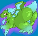 anthro backsack balls big_butt butt genitals green_body horn looking_at_viewer looking_back male nude open_mouth simple_background smile solo tail teeth thick_thighs tongue tongue_out wings ivy_arts clash_royale mythology supercell_(company) dragon mythological_creature mythological_scalie scalie hi_res