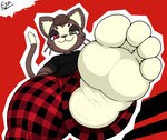 anthro black_clothing black_shirt black_topwear clothing extreme_size_difference feet foot_fetish foot_focus heterochromia humanoid_feet looming male micro paws plaid plantigrade shirt size_difference smug step_pose toes topwear electricsnowfox kralex domestic_cat felid feline felis mammal hi_res