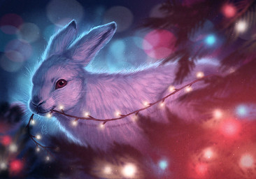 ambiguous_gender bokeh christmas_decorations christmas_lights feral fur looking_at_viewer mouth_hold solo whiskers white_body white_fur kippycube lagomorph leporid mammal rabbit 2015