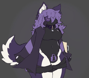 ambiguous_gender anthro breasts chastity_bulge chastity_device clothing collar collar_tag drone dronesuit featureless_breasts fur gas_mask grey_background gynomorph hair intersex latex latex_clothing latex_skinsuit lock_bulge lock_symbol mask null_bulge purple_body purple_fur purple_hair simple_background skinsuit solo tight_clothing wearing_chastity_device white_body white_fur sulphiex3 unknown_species hi_res