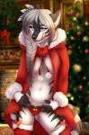 2017 5_fingers anthro areola braided_hair breasts canid canine canis christmas christmas_tree clothed clothing detailed_background digital_media_(artwork) domestic_dog female fingers grey_eyes grey_hair hair hi_res holidays holly_(plant) inside licking licking_lips licking_own_lips looking_at_viewer mammal mifa navel open_clothing open_shirt open_topwear plant sagittarii self_lick shirt skimpy smile solo sophia_(sagittarii) tail tongue tongue_out topwear tree white_hair