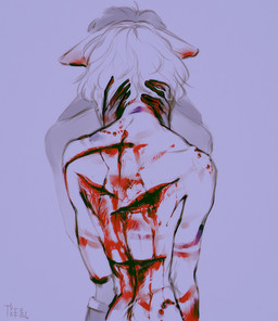 ambiguous_gender anthro back_wound bite_mark blood blood_on_hand bodily_fluids bruised duo ears_down faceless_character fur gash gore hair hand_on_neck monotone_body monotone_fur monotone_hair pivoted_ears rear_view simple_background standing white_body white_fur white_hair wounded ebamick mammal digital_media_(artwork) hi_res signature