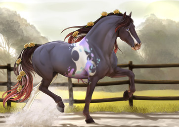 ambiguous_feral ambiguous_gender blue_markings brown_hooves brown_mane brown_tail day fence feral flower_in_mane flower_in_tail grass grey_body hooves looking_at_viewer mane markings mouth_closed outside plant purple_eyes purple_markings red_mane red_tail sand side_view solo tail tree white_markings rufciu equid equine horse mammal hi_res female_(lore)