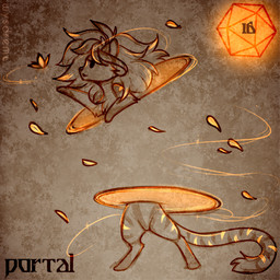 ambiguous_gender breeze curious d20 dice feral fur holidays leaf long_tail markings orange_dice portal solo striped_body striped_fur striped_markings striped_tail stripes tail tail_markings wysdrem halloween shelby_(shelbytabbycat) felid feline mammal 1:1 hi_res