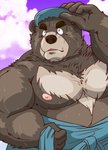 anthro belly black_body black_fur bodily_fluids clothing fur hat headgear headwear humanoid_hands kemono male moobs nipples outside overweight overweight_anthro overweight_male solo sweat raichoclub bear mammal 2019 hi_res