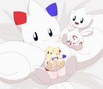 absurd_res bed blush female furniture generation_2_pokemon generation_4_pokemon genitals group hi_res lying minami_(artist) nintendo on_back on_bed pokemon pokemon_(species) presenting presenting_pussy pussy spread_pussy spreading take_your_pick togekiss togepi togetic