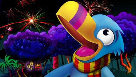 anthro beak blue_body clothing fireworks glistening glistening_eyes head_tuft looking_up male night open_mouth open_smile outside palm_tree pattern_clothing pattern_scarf pink_tongue plant scarf smile solo striped_beak striped_clothing striped_scarf stripes tongue tree tuft yellow_beak young young_anthro young_male pandapaco avian 16:9 hi_res widescreen