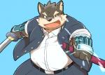 anthro armor asian_sword black_nose blue_background blue_eyes bracers clothed clothing front_view fully_clothed glowing holding_melee_weapon holding_object holding_sword holding_weapon jacket kemono looking_at_viewer male melee_weapon ninjato notched_ear open_mouth open_smile overweight overweight_anthro overweight_male scabbard scar shirt shirt_paunch simple_background smile solo sword tongue topwear weapon 12beat13 lifewonders tokyo_afterschool_summoners moritaka_(tas) canid canine canis domestic_dog mammal