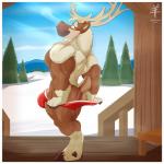 1:1 2016 aaron_(artist) anthro anthrofied antlers big_penis biped border brown_body brown_eyes brown_fur bulge butt clothed clothing deer detailed_background digital_media_(artwork) disney frozen_(disney) fur genitals half-closed_eyes half-erect hi_res hooves horn humanoid_genitalia humanoid_penis looking_at_viewer male mammal manly muscular muscular_anthro muscular_male narrowed_eyes new_world_deer nipples outside pecs penis penis_base plant pose presenting presenting_hindquarters rear_view reindeer relaxing sky smile smug snow solo standing sven_(frozen) topless tree underwear vein veiny_penis white_body white_border white_fur