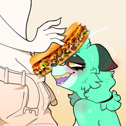 anthro bodily_fluids drooling ears_down female floppy_ears food genital_fluids male male/female pivoted_ears saliva sandwich_(food) sweat sweatdrop cayasa sandwich_censorship mammal procyonid raccoon