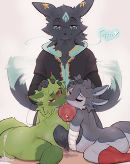 5_fingers anthro ass_to_mouth balls big_balls big_penis bodily_fluids butt closed_smile clothing collaborative collaborative_fellatio collaborative_oral collaborative_sex cum cum_inflation cum_inside erection eyes_closed fellatio femboy fingers fur fur_markings genital_fluids genitals green_body green_fur green_hair grey_body grey_fur grey_hair group hair hand_on_head heart_symbol hoodie hug hugging_another hugging_balls hugging_penis inflation jacket knot knotted_penis leaking_cum leaking_precum looking_at_viewer male male/male male_anthro markings mouth_closed narrowed_eyes nude nude_anthro nude_male oral penile penis penis_towards_viewer precum red_eyes sex simple_background smile standing tail tail_motion tailwag text topwear trio white_background neoxyden nintendo pokemon reqces_(freespirit59) rupira_(avali) tess_(neoxyden) avali canid canine generation_9_pokemon mammal pokemon_(species) sprigatito 2025 absurd_res artist_name hi_res trans_(lore) trans_woman_(lore)