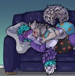 anthro black_nose blue_eyes blue_hair blush bottomwear clothing crop_top cuddling duo eyes_closed female female_on_top fur furniture grey_body grey_fur hair hand_grab hand_lick hand_on_belly heart_symbol inside licking male male/female neck_tuft nibbling on_top pajamas purple_body purple_fur shirt shorts slightly_chubby slightly_chubby_male sofa tail tongue tongue_out topwear tuft takame mox_(antillion123) rayne_(antillion123) canid canine canis fox mammal wolf absurd_res hi_res