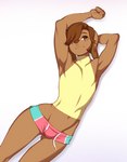 anthro arms_above_head athletic athletic_anthro athletic_male bottomwear brown_body brown_eyes brown_fur brown_hair bulge clothed clothing dolphin_shorts femboy fur hair hair_over_eye hotpants lying male midriff navel one_eye_obstructed plantigrade shorts simple_background solo white_background doxy marty_(onta) canid canine mammal